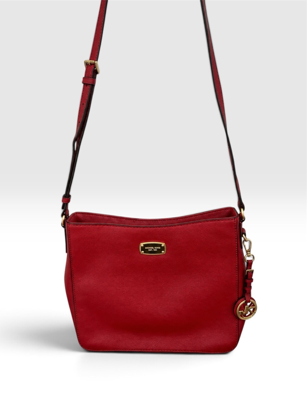 Michael Kors Red Saffiano Leather Crossbody Bag Gold MK Charm
